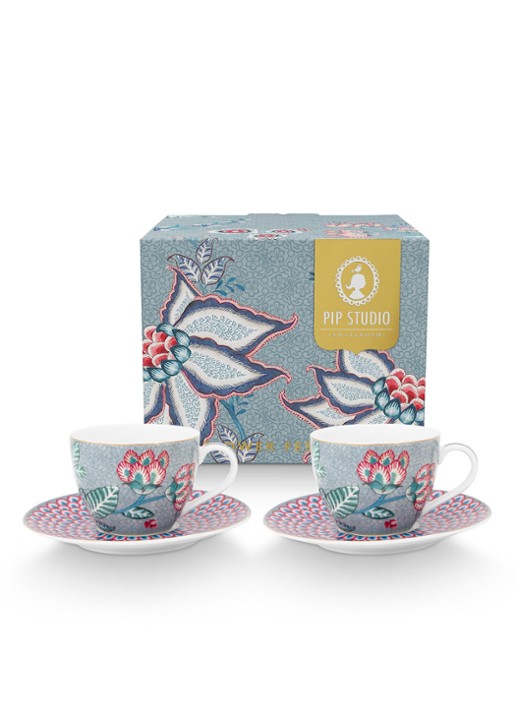 Pip Studio Flower Festival espressokopje en schotel 12 cl set van 2 - achterkant 7 blauwgrijs