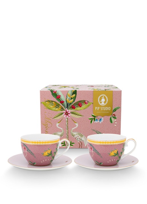 Pip Studio La Majorelle kop en schotel 28 cl set van 2 - voorkant 2 roze
