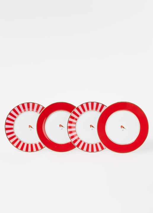 Pip Studio Love Birds ontbijtbord 17 cm set van 4 - voorkant 3 steenrood