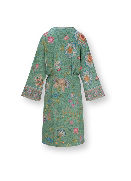 Pip Studio Naomi Mumbai Morning kimono met bloemenprint - achterkant olijfgroen