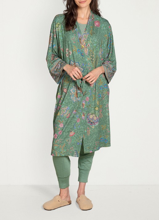 Pip Studio Naomi Mumbai Morning kimono met bloemenprint - detail 5 olijfgroen