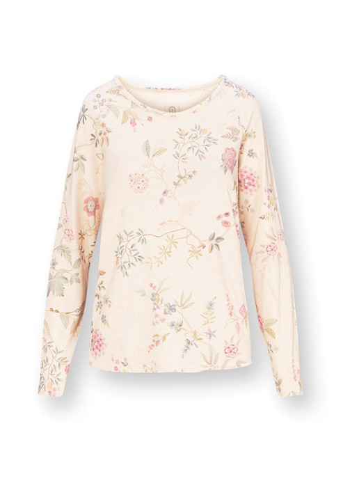 Pip Studio Tina Bodhi Flower pyjamatop met bloemenprint - voorkant 3 gebroken wit