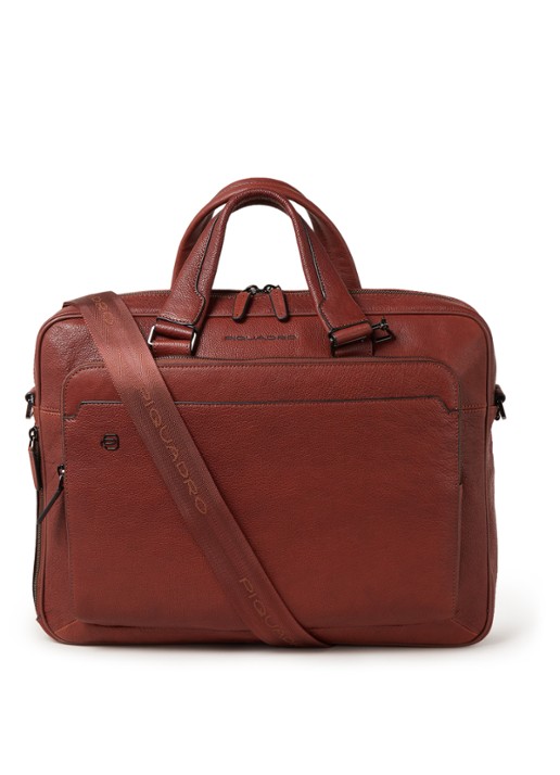 Piquadro Businesstas van leer met 15 inch laptopvak - voorkant 3 cognac
