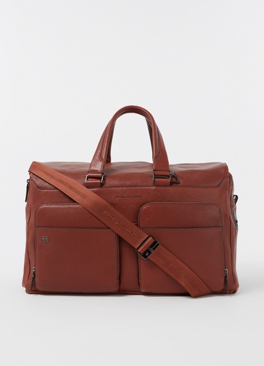 Piquadro Weekendtas van leer met 15 inch laptopvak - voorkant 2 cognac