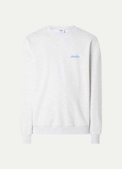 Pockies Sunday Roasting sweater met logo- en backprint - voorkant 2 grijsmele