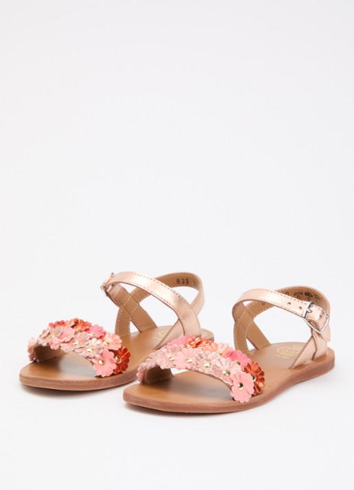 Pom d'Api Plagette Multi Flower sandaal van leer met metallic finish - voorkant 3 lichtroze