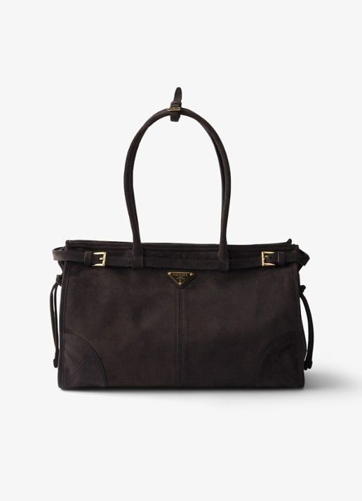 Prada Bonnie Large schoudertas van kalfssuède - voorkant taupe