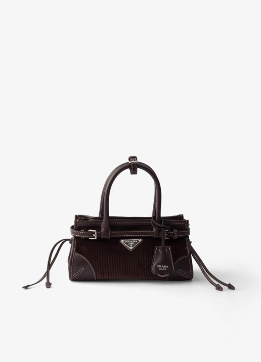 Prada Bonnie Small handtas van corduroy met leren details - voorkant 2 donkerbruin
