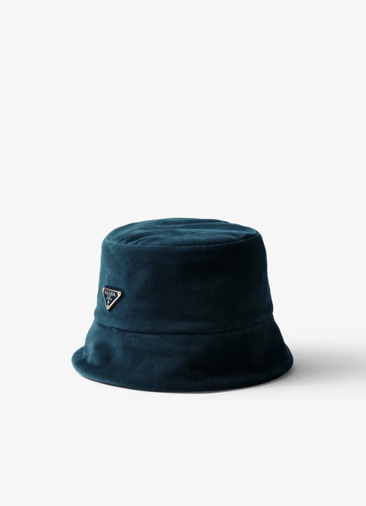 Prada Bucket hoed van fluweel met logo - voorkant petrol