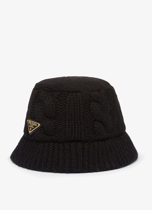 Prada Bucket hoed van wol met logo - voorkant zwart