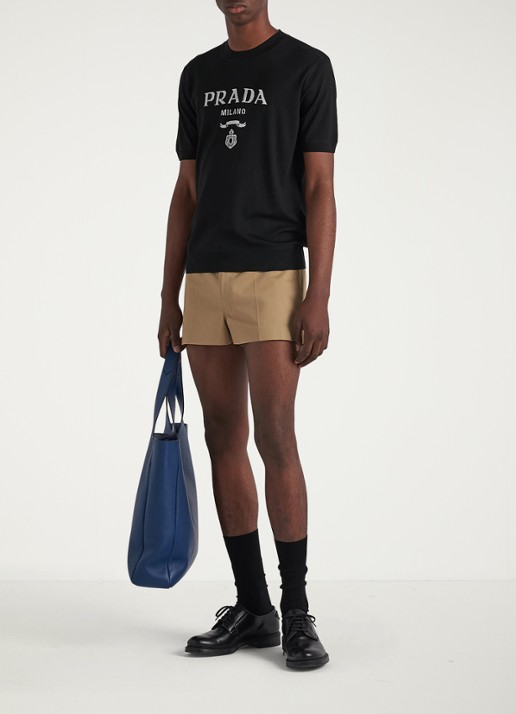 Prada Fijngebreid T-shirt van scheerwol met logoprint - voorkant 3 zwart