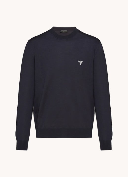 Prada Fijngebreide pullover van wol met logoborduring - voorkant donkerblauw