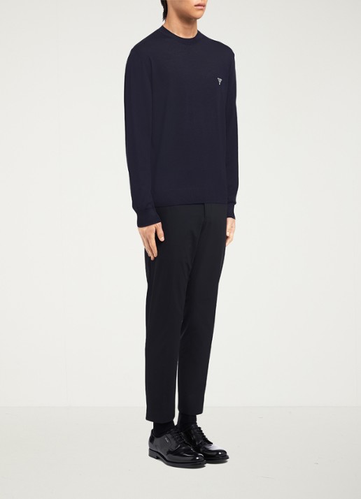Prada Fijngebreide pullover van wol met logoborduring - voorkant 2 donkerblauw