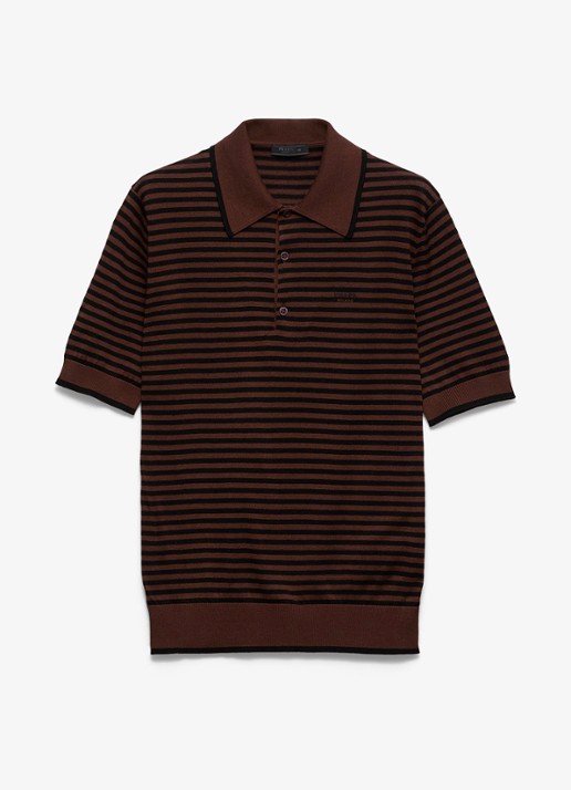 Prada Fijngebreide regular fit polo met streepprint en logoborduring - voorkant 2 donkerbruin