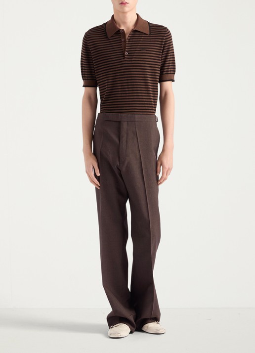 Prada Fijngebreide regular fit polo met streepprint en logoborduring - voorkant 3 donkerbruin