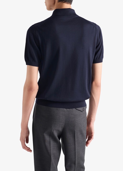 Prada Fijngebreide regular fit polo van wol - achterkant 6 donkerblauw