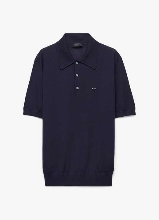 Prada Fijngebreide regular fit polo van wol - voorkant 4 donkerblauw