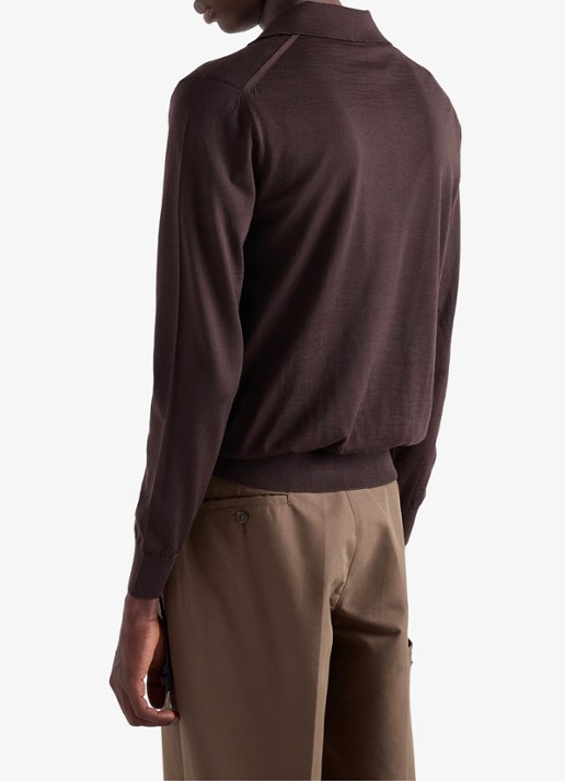 Prada Fijngebreide slim fit polo van scheerwol - achterkant donkerbruin