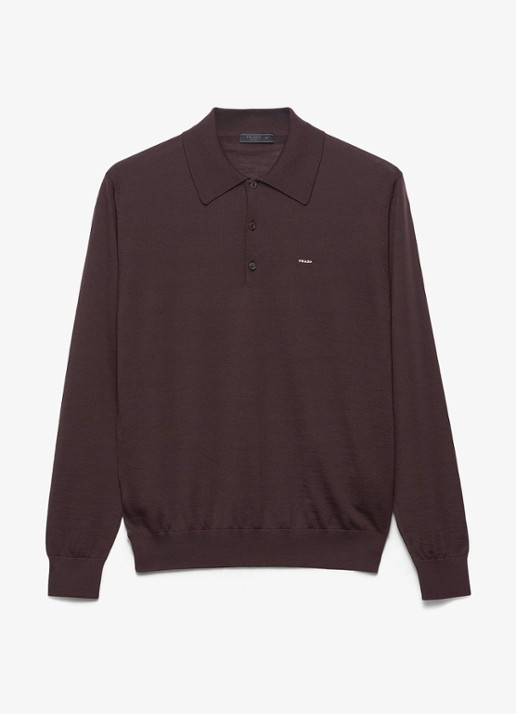Prada Fijngebreide slim fit polo van scheerwol - voorkant 4 donkerbruin