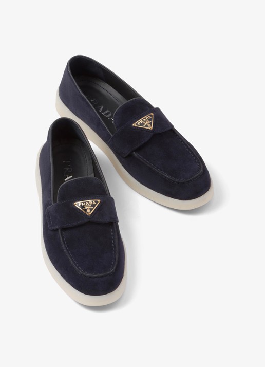 Prada Loafer van suède met logo - detail 3 donkerblauw