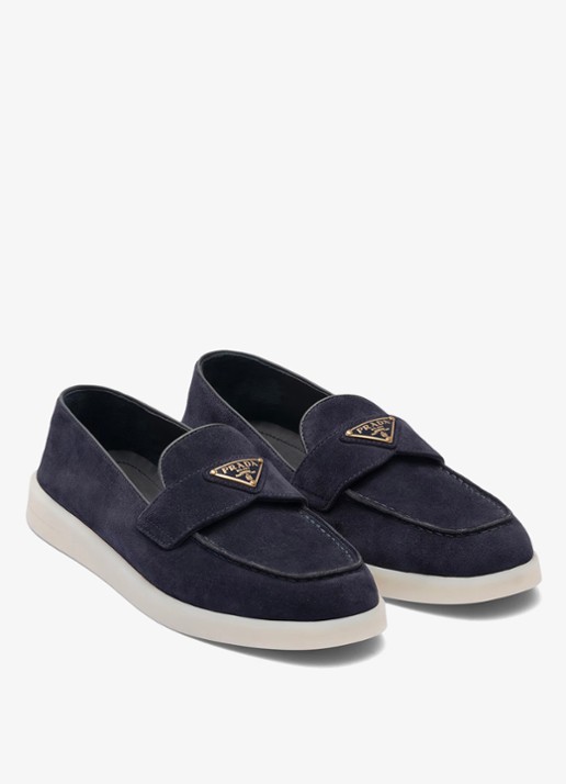 Prada Loafer van suède met logo - voorkant 2 donkerblauw