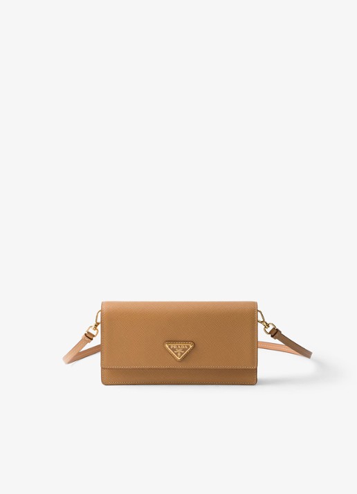 Prada Mini clutch van leer met afneembare schouderriem - voorkant camel