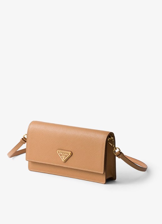 Prada Mini clutch van leer met afneembare schouderriem - voorkant 2 camel