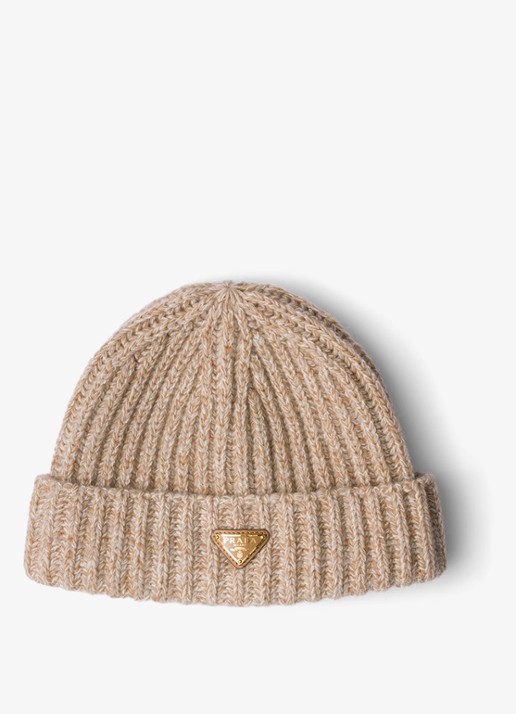 Prada Mouliné ribgebreide muts in kasjmierblend met gemêleerd dessin - voorkant 2 beige