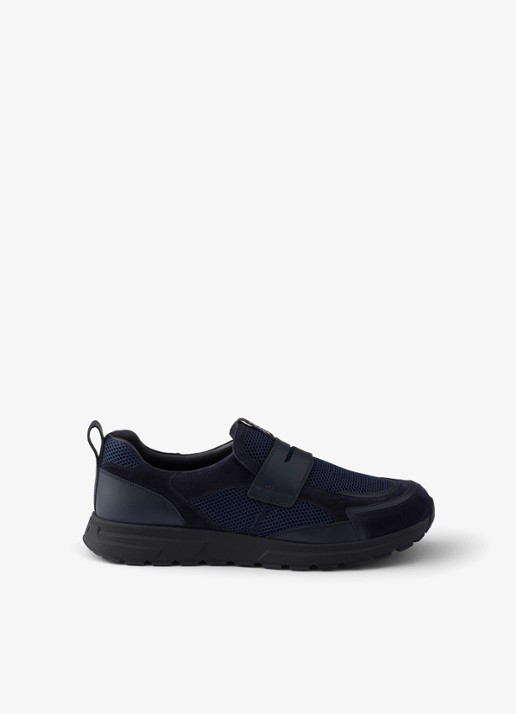 Prada Prax loafer van mesh met leren details - voorkant donkerblauw