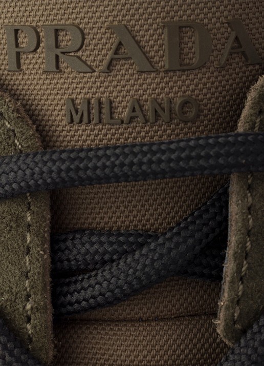 Prada Prax Re-Nylon sneaker met kalfssuède details - detail 6 donkergroen