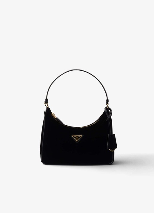 Prada Re-Edition 2005 schoudertas van fluweel met leren details - voorkant zwart