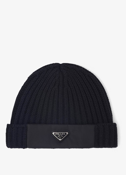 Prada Re-Nylon ribgebreide muts met logo - voorkant 2 zwart