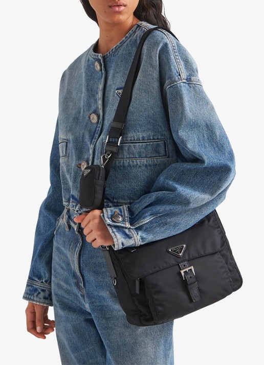 Prada Re-Nylon schoudertas met leren details - voorkant 7 zwart