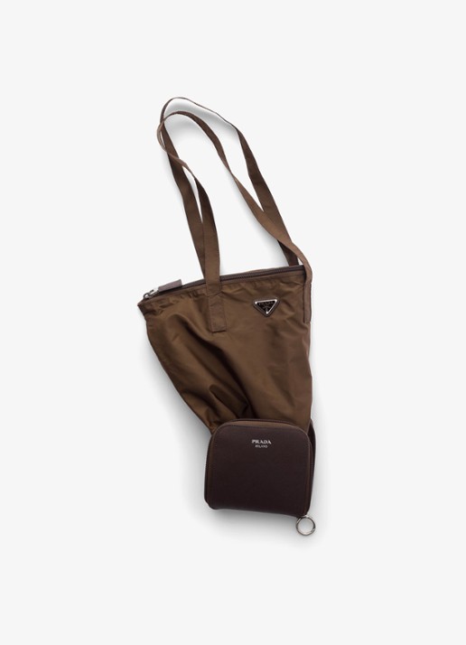 Prada Re-Nylon tasbedel van leer met opbergbare tas - voorkant 2 donkerbruin