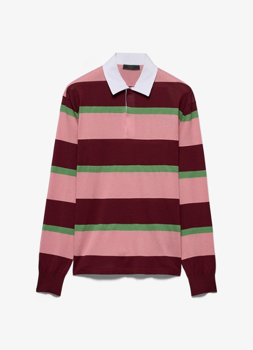 Prada Regular fit polo in zijdeblend met streepprint - voorkant 5 bordeauxrood