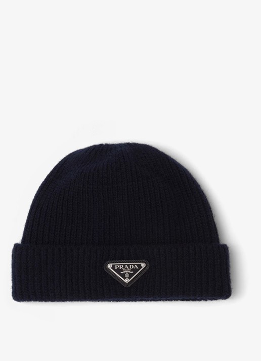 Prada Ribgebreide muts in kasjmierblend met logo - voorkant 2 donkerblauw