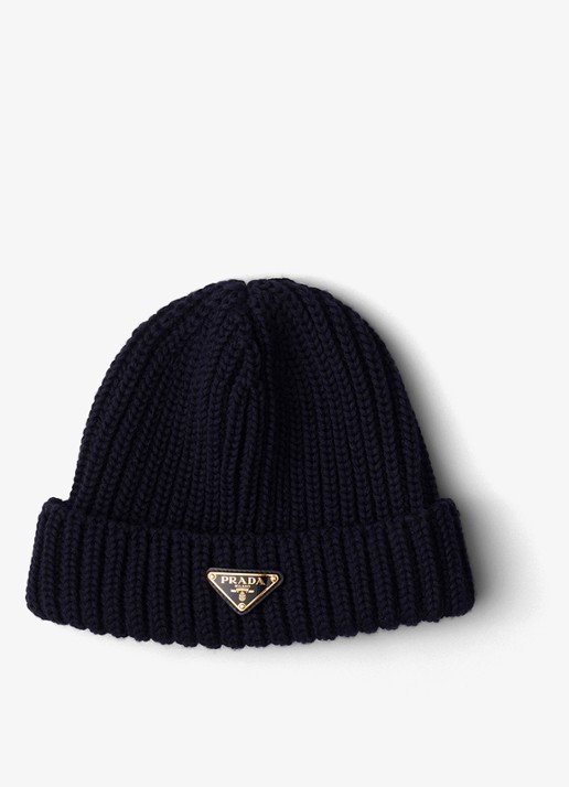Prada Ribgebreide muts van scheerwol met logo - voorkant donkerblauw