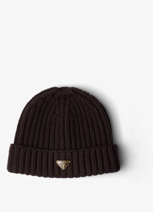 Prada Ribgebreide muts van scheerwol met logo - voorkant 2 donkerbruin