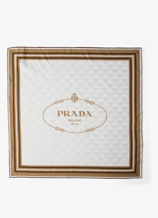 Prada Sjaal van zijde met logoprint 55 x 55 cm - voorkant beige
