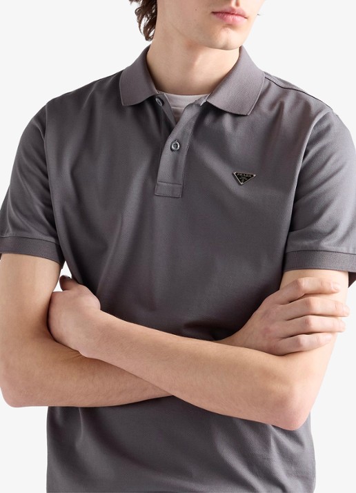 Prada Slim fit polo van piqué katoen met logo - detail grijs