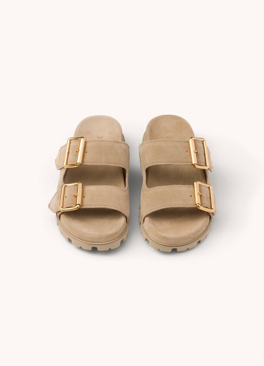 Prada Slipper van suède - achterkant donkerbeige