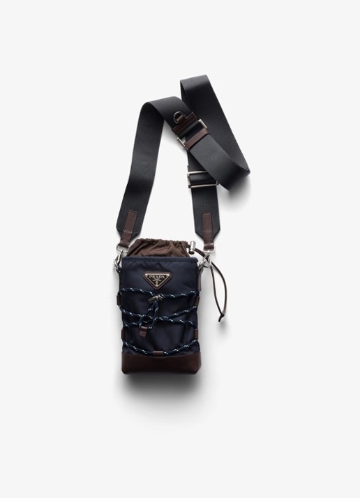 Prada Speedrock Re-Nylon telefoonhoesje met leren details en afneembare schouderriem - voorkant blauw