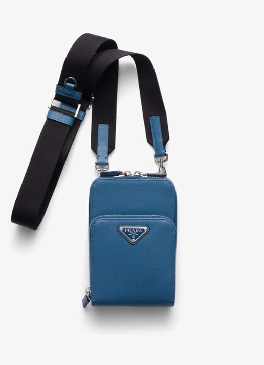 Prada Telefoonhoes van leer met afneembare schouderriem - voorkant 3 staalblauw
