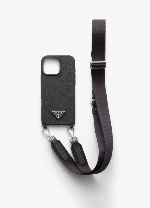 Prada Telefoonhoesje van kalfsleer met schouderriem voor iPhone 16 Pro Max