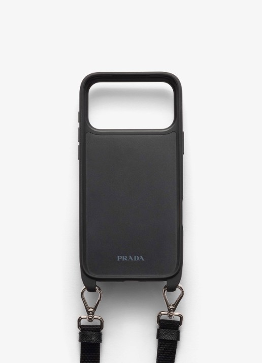 Prada Telefoonhoesje van leer voor iPhone 17 Pro Max met afneembare schouderriem - achterkant zwart