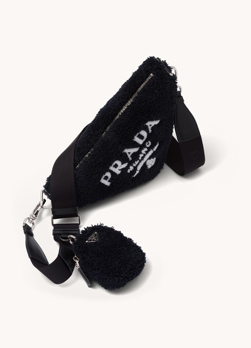 Prada Triangle Terrycloth schoudertas met schapenvacht - voorkant 5 zwart