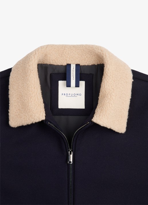 Profuomo Bomberjack in wolblend met kraag - detail 2 donkerblauw