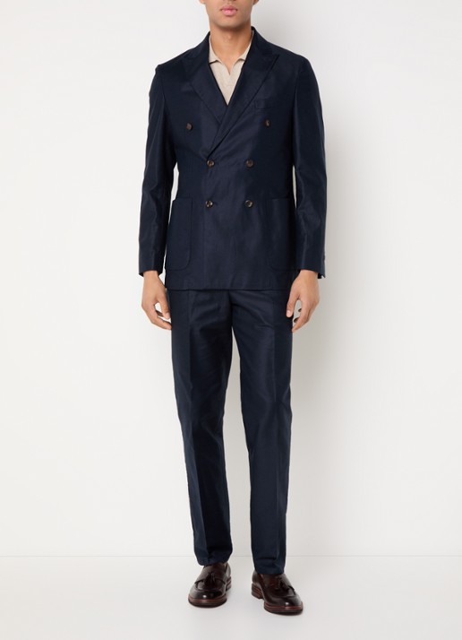 Profuomo Double-breasted regular fit colbert in linnenblend met opgestikte zakken - voorkant 6 donkerblauw