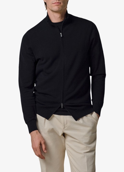 Profuomo Fijngebreid vest in zijdeblend met opstaande kraag - detail donkerblauw