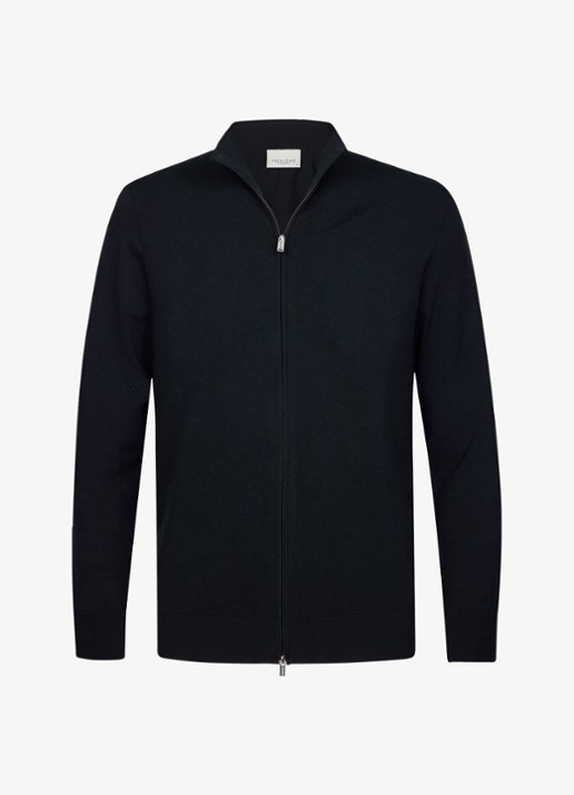 Profuomo Fijngebreid vest in zijdeblend met opstaande kraag - voorkant 4 donkerblauw